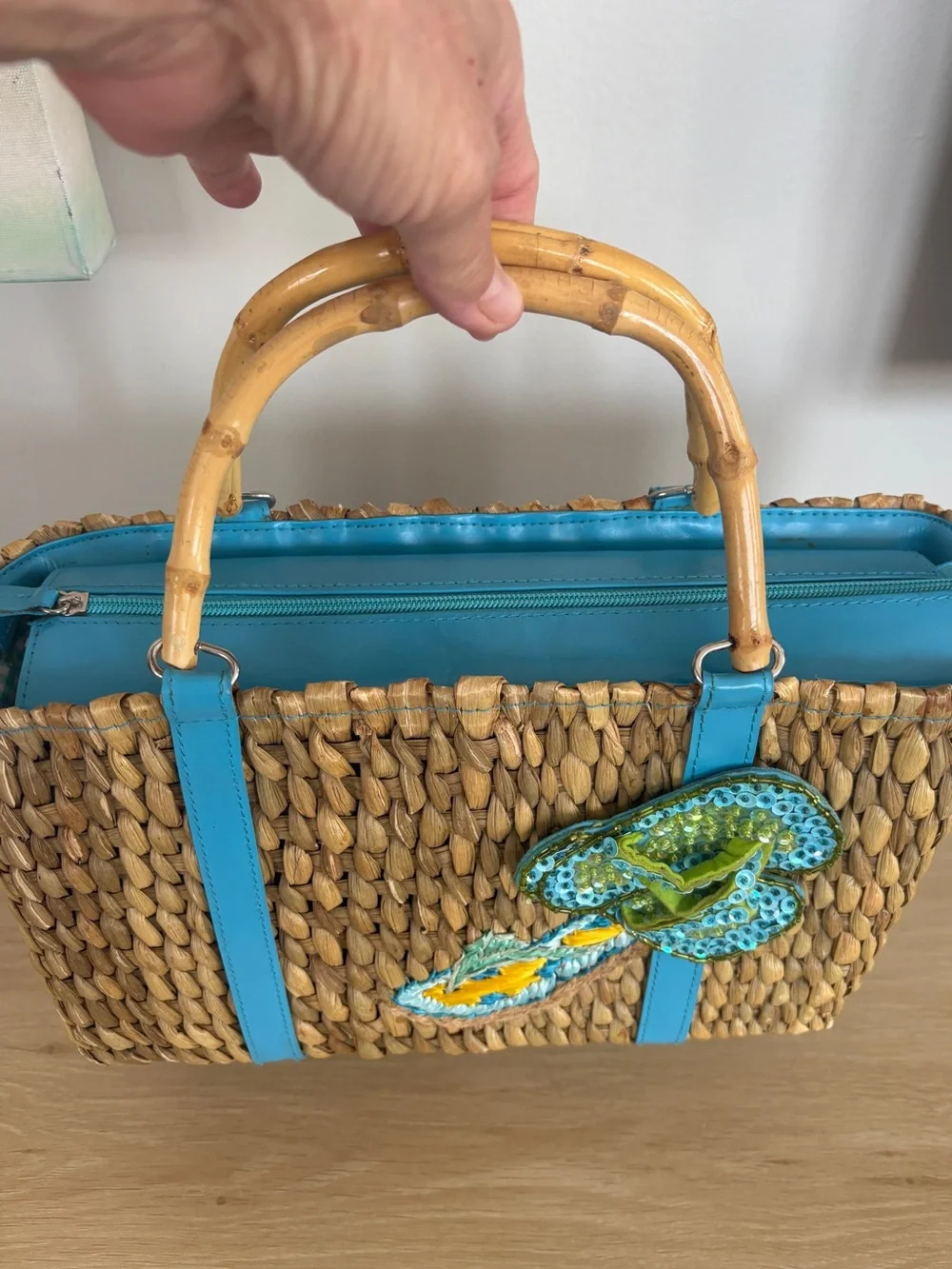 STRAW TOTE Woven with Turquoise Trim and Sequin Flip Flop